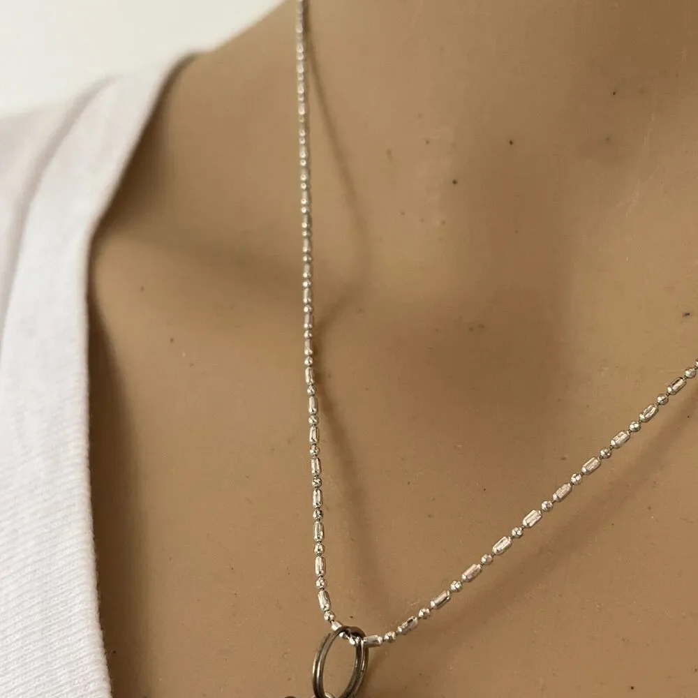 Angel Bead Charm Necklace 17in Silver Tone Ball & Bar Chain Amber Color